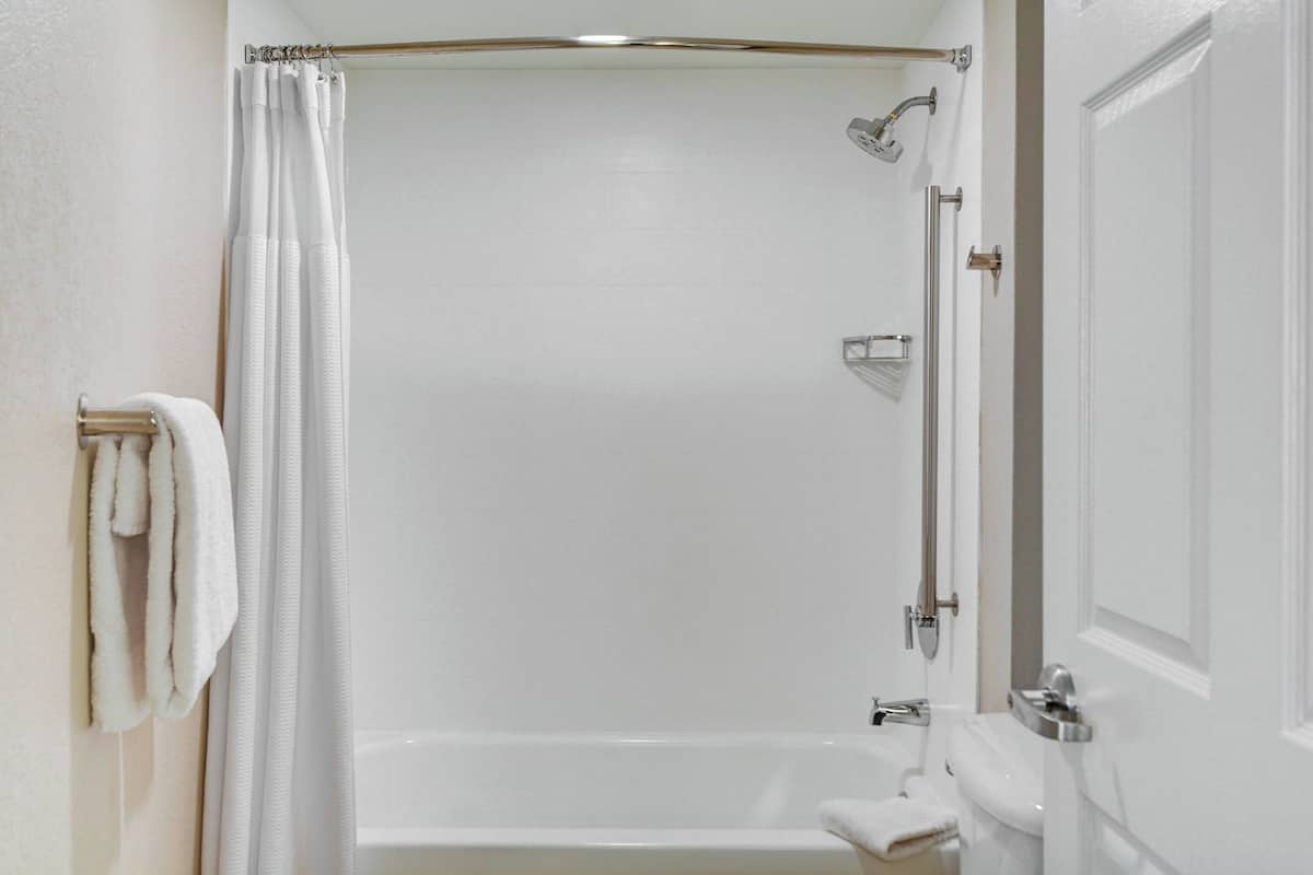combined shower/bathtub, free toiletries, hair dryer, towels