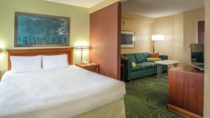 Une chambre d’hôtel avec un grand lit, un canapé vert, une petite table et un téléviseur.