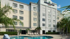 Un hôtel doté d’une piscine, d’un espace extérieur aménagé et de palmiers.