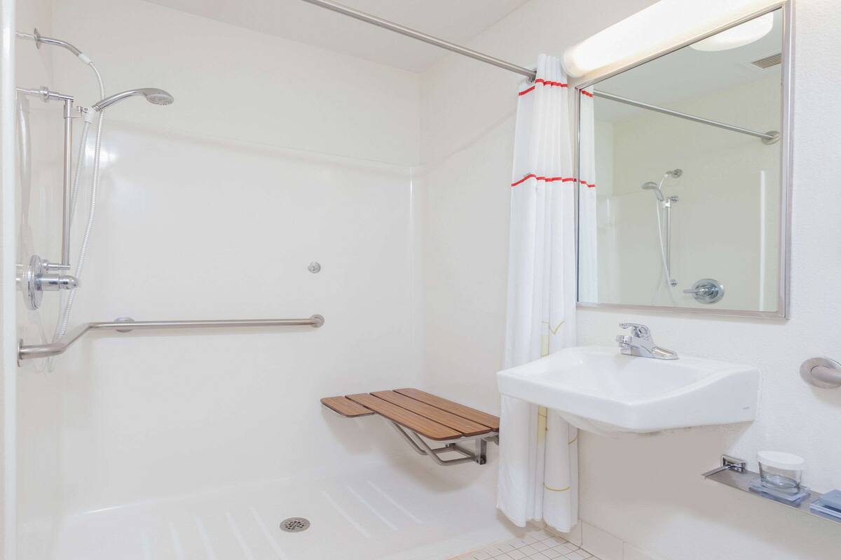 جناح - سرير كبير مع أريكة سرير - تجهيزات لذوي الاحتياجات الخاصة - لغير المدخنين (Roll-In Shower) | حمام | وحدات دش مع أحواض استحمام، مجففات شعر، مناشف، صابون