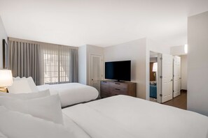 1 bedroom, premium bedding, blackout curtains, iron/ironing board