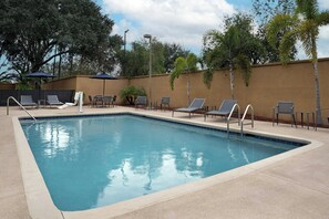 Outdoor pool, pool umbrellas, sun loungers