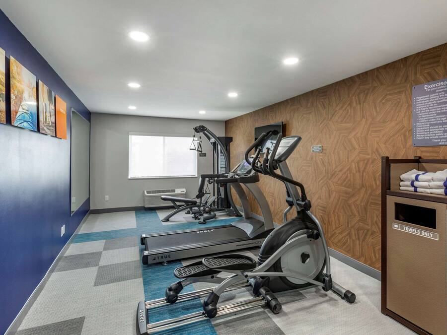 A fitness room with treadmills, an elliptical, and a rowing machine.