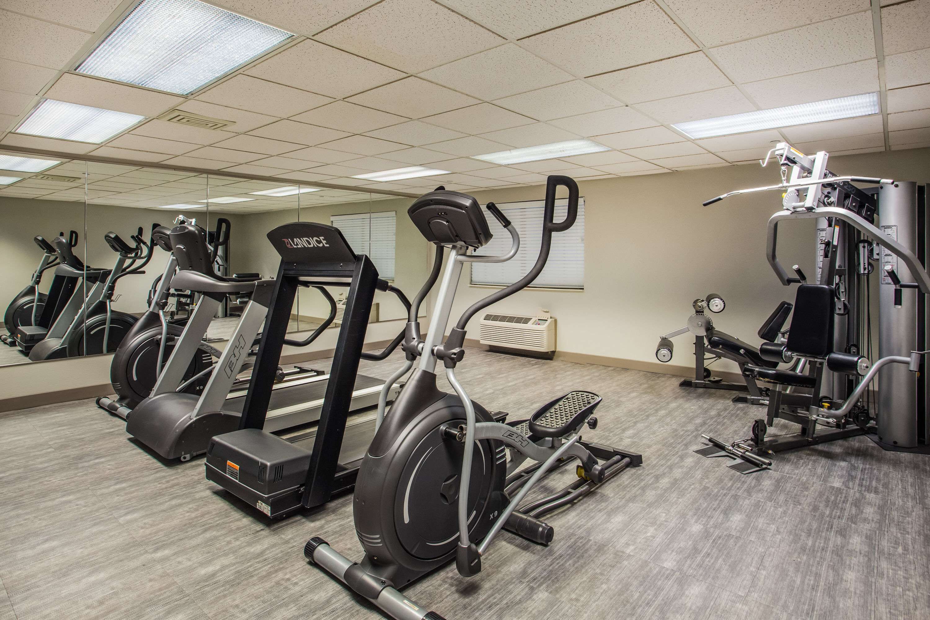 A gym with multiple cardio machines, including treadmills and an elliptical, and a weight machine.