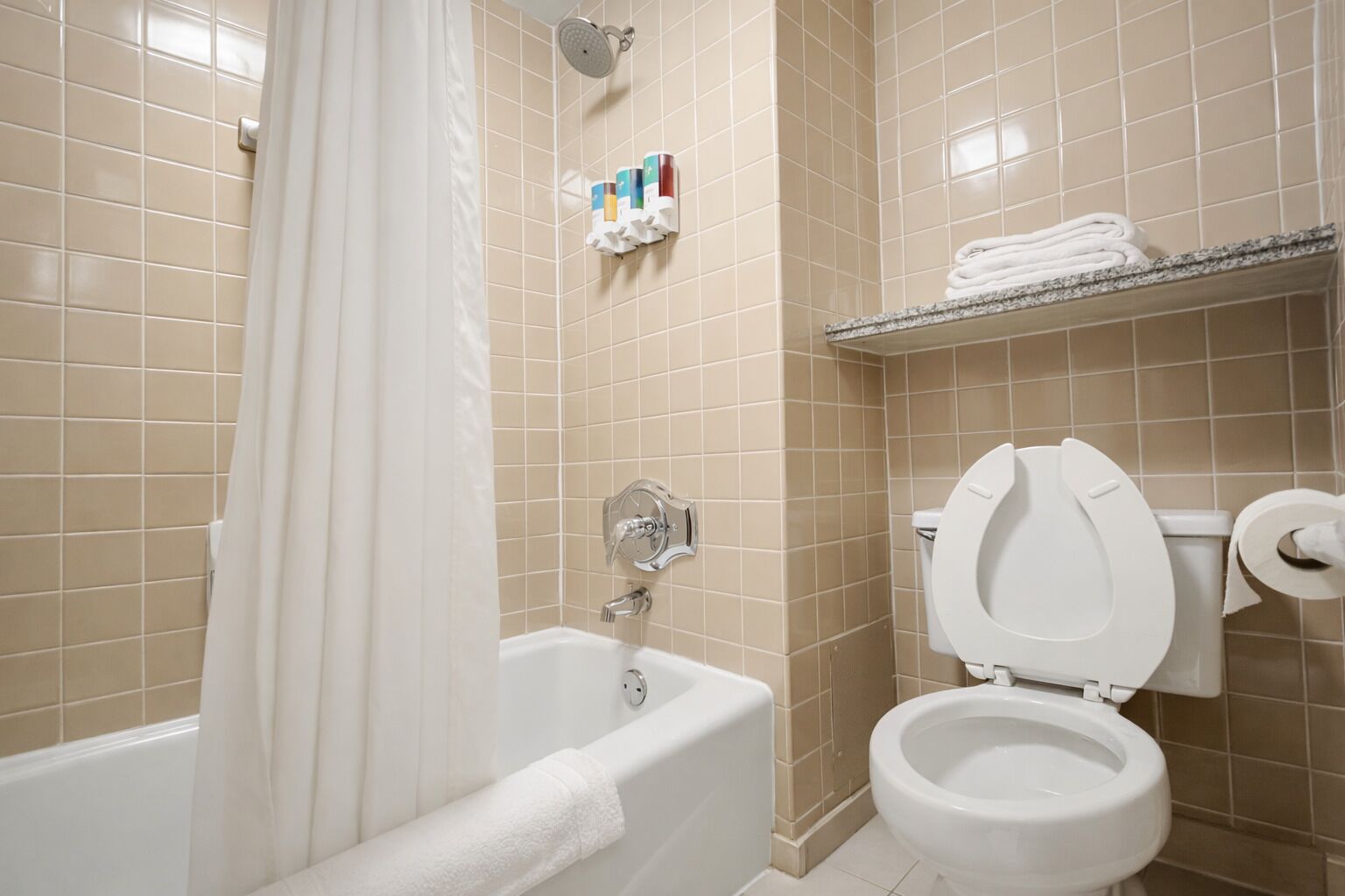 A bathroom with a bathtub, toilet, and shower.