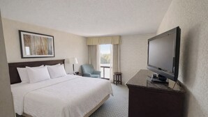 Une chambre d’hôtel avec un grand lit, une télévision, une chaise et une petite table.