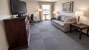 Une chambre d’hôtel équipée d’un téléviseur à écran plat, d’un canapé, d’un bureau, d’une commode et d’une fenêtre avec des rideaux.