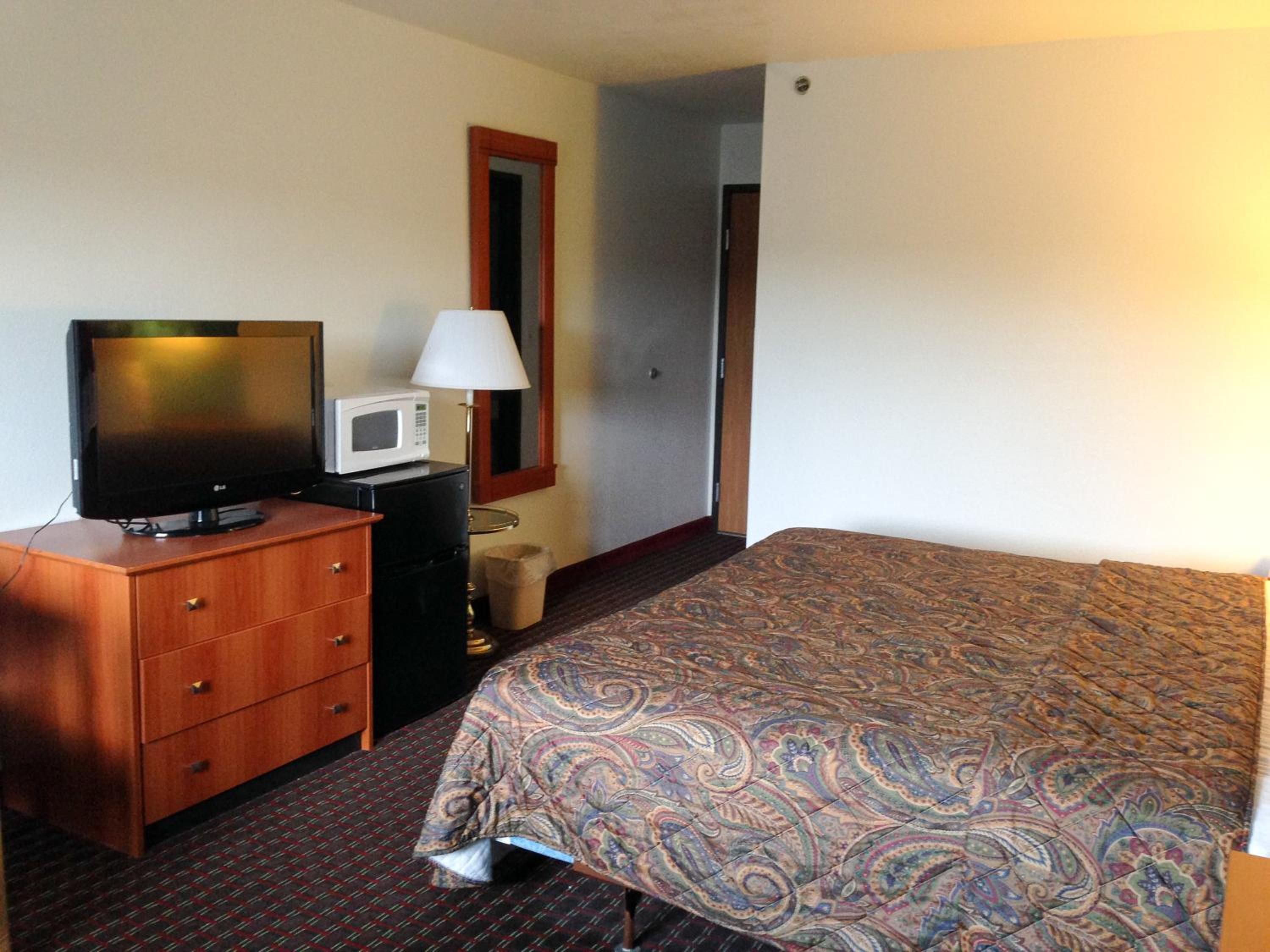 A hotel room with a bed, a television, a microwave, a lamp, and a dresser.