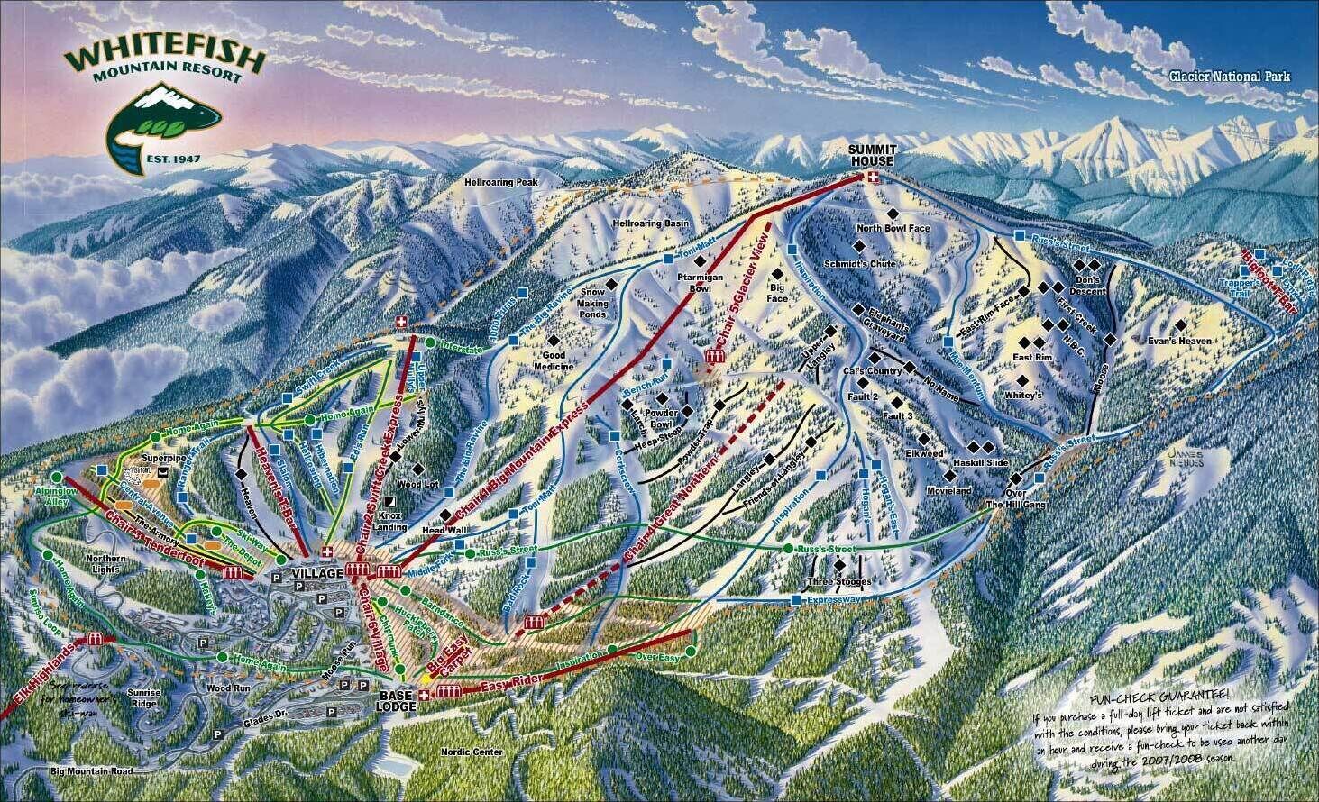 Een gedetailleerde skigebiedkaart met aangegeven pistes, liften en belangrijke locaties zoals Summit House en Village.