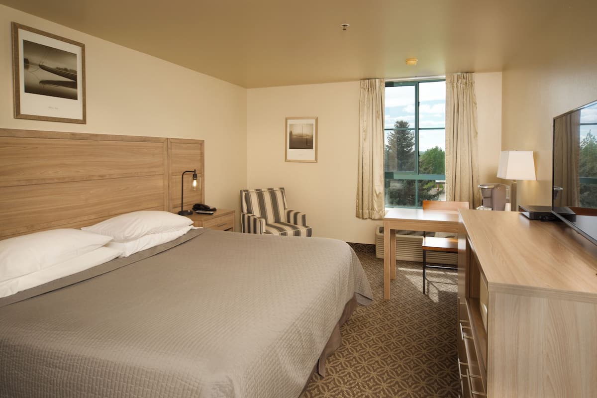 A hotel room with a large bed, a desk with a chair, a television, and a window with curtains.
