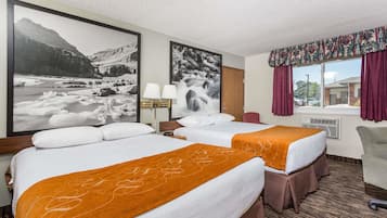 Economy Room, 2 Queen Beds, Non Smoking | Desk, laptop workspace, blackout drapes, iron/ironing board