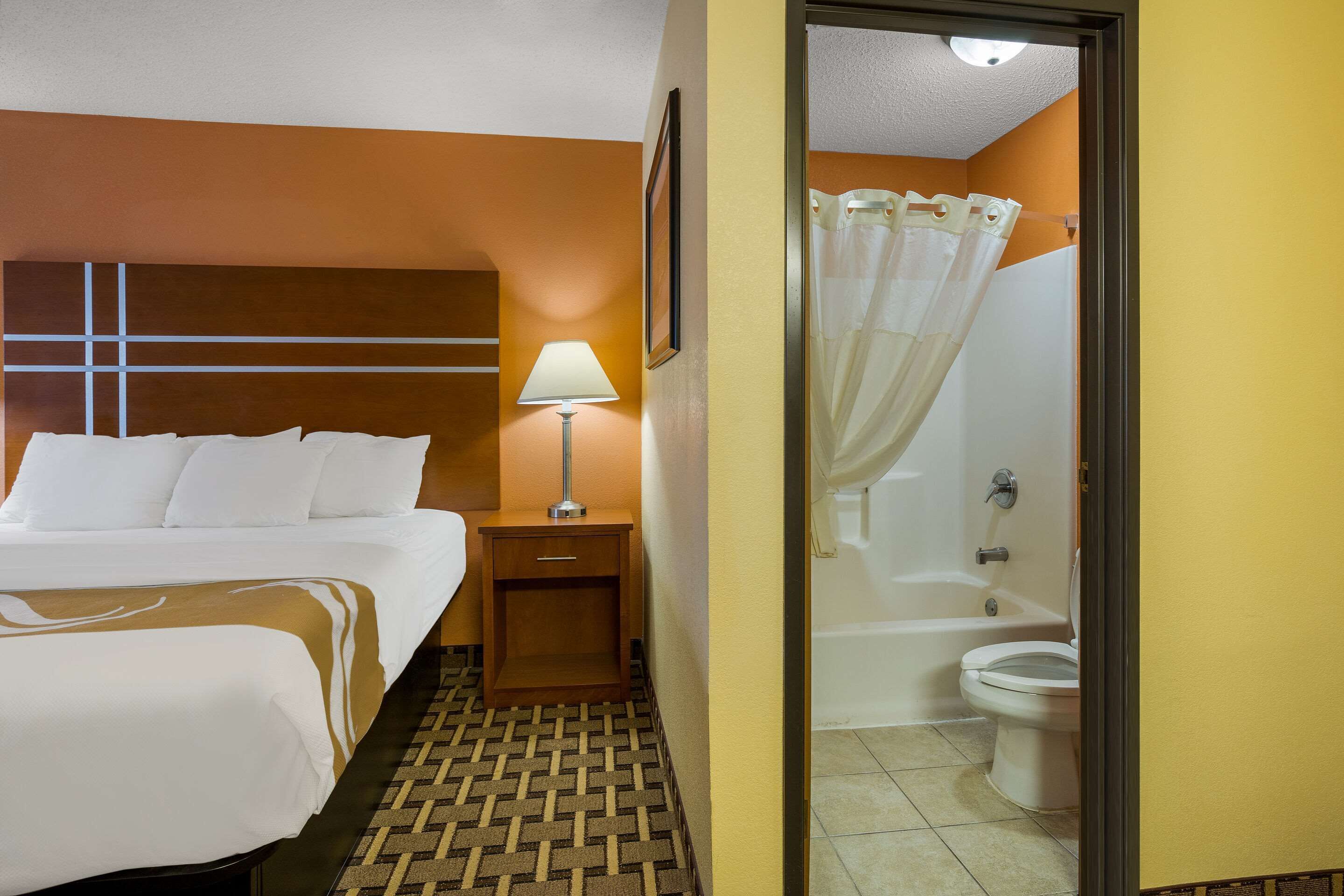 Een hotelkamer met een bed, een nachtkastje met een lamp, een douche met gordijn en een toilet.