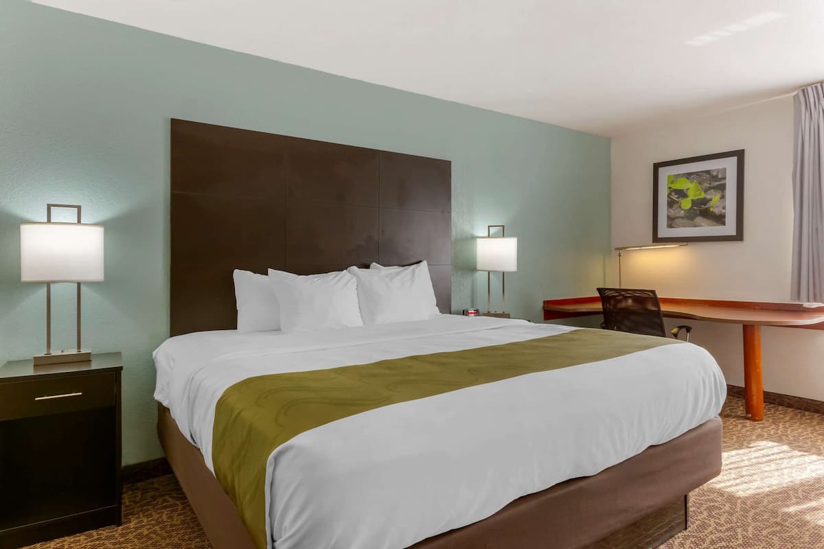 A hotel room with a large bed, two bedside tables with lamps, a desk, and a chair.