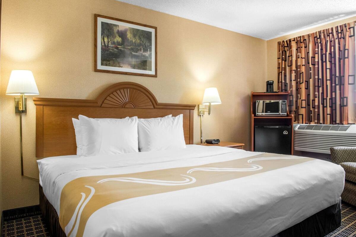 A hotel room with a large bed, two bedside lamps, a painting on the wall, a microwave, and a patterned curtain.