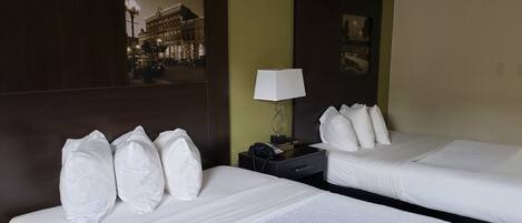 Habitación de hotel con dos camas, una mesita de noche con lámpara y un cuadro en la pared.