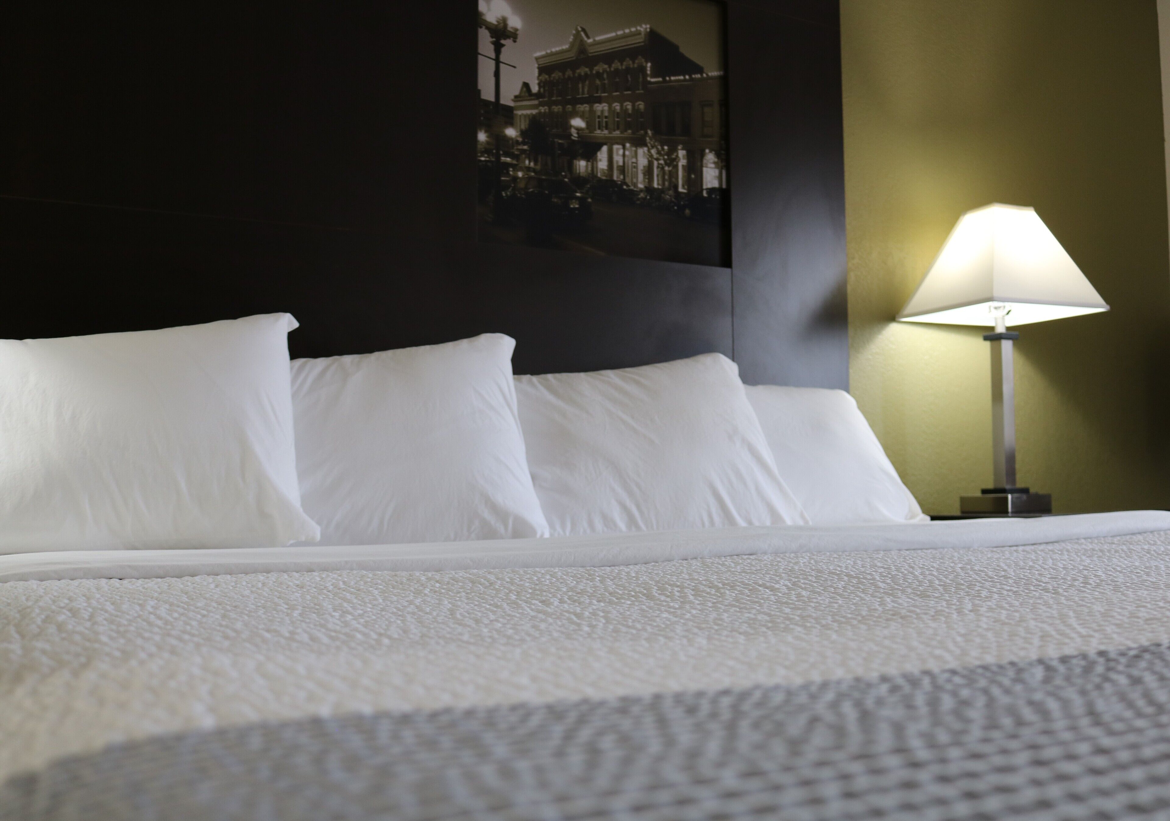 A neatly made bed with white linens, a lamp on the side, and a framed picture on the wall.