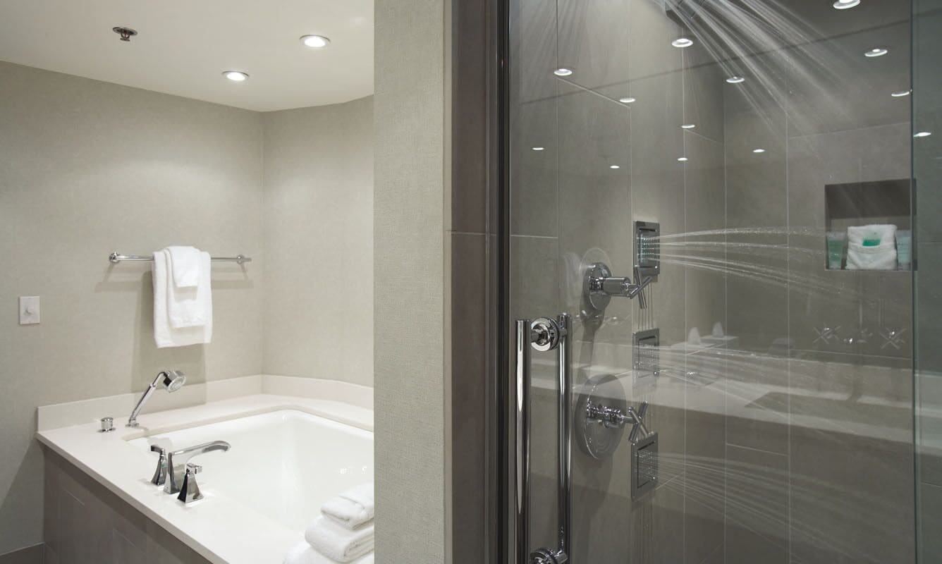 suite, 1 king bed (woodlake) | bathroom | shower, designer toiletries, hair dryer, towels