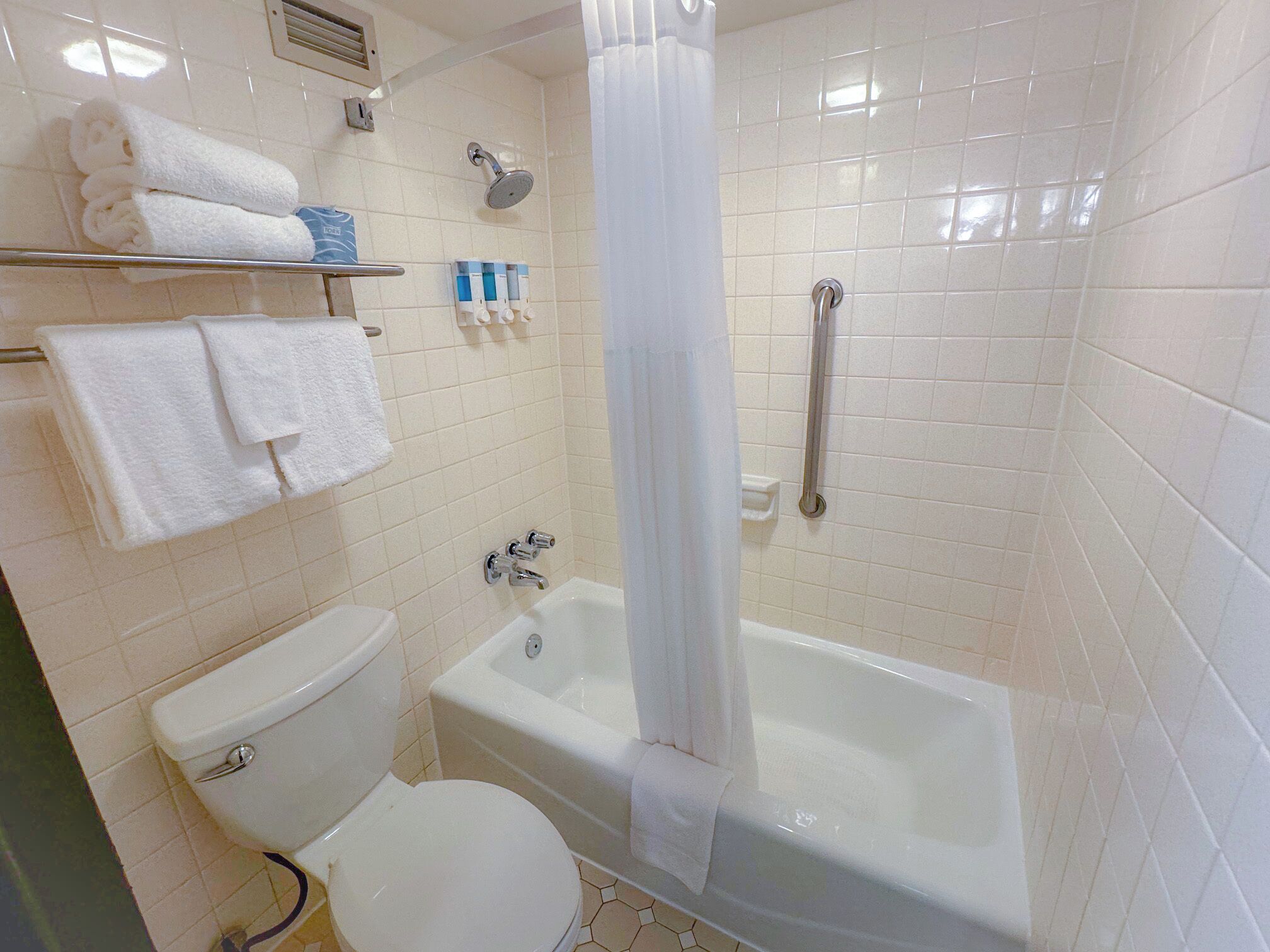 Combined shower/tub, free toiletries, hair dryer, towels