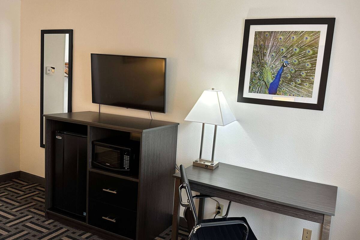 A hotel room with a flat-screen TV, a desk with a lamp, a framed peacock picture, a minibar, and a chair.