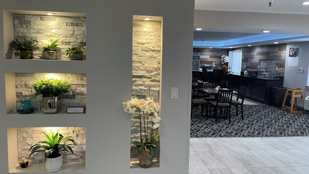 A modern interior with a stone accent wall, potted plants, and a kitchen area with a counter and seating. - La Quinta Inn and Suites by Wyndham Cincinnati North (Cincinnati)