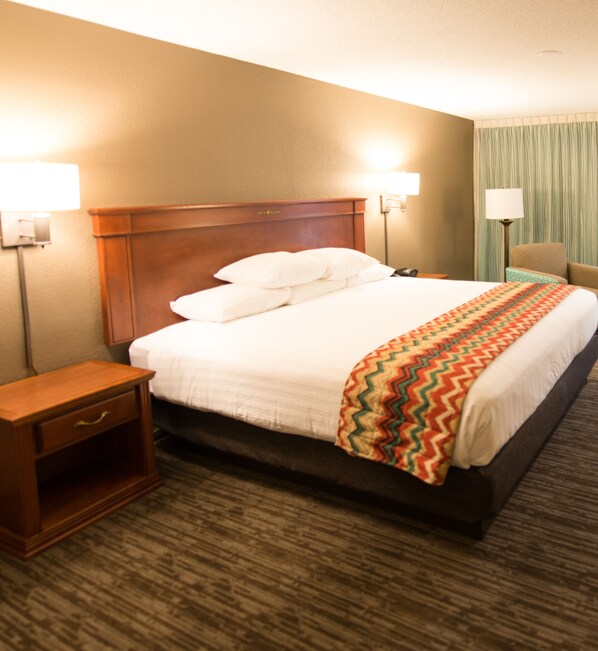 Desk, laptop workspace, blackout curtains, iron/ironing board