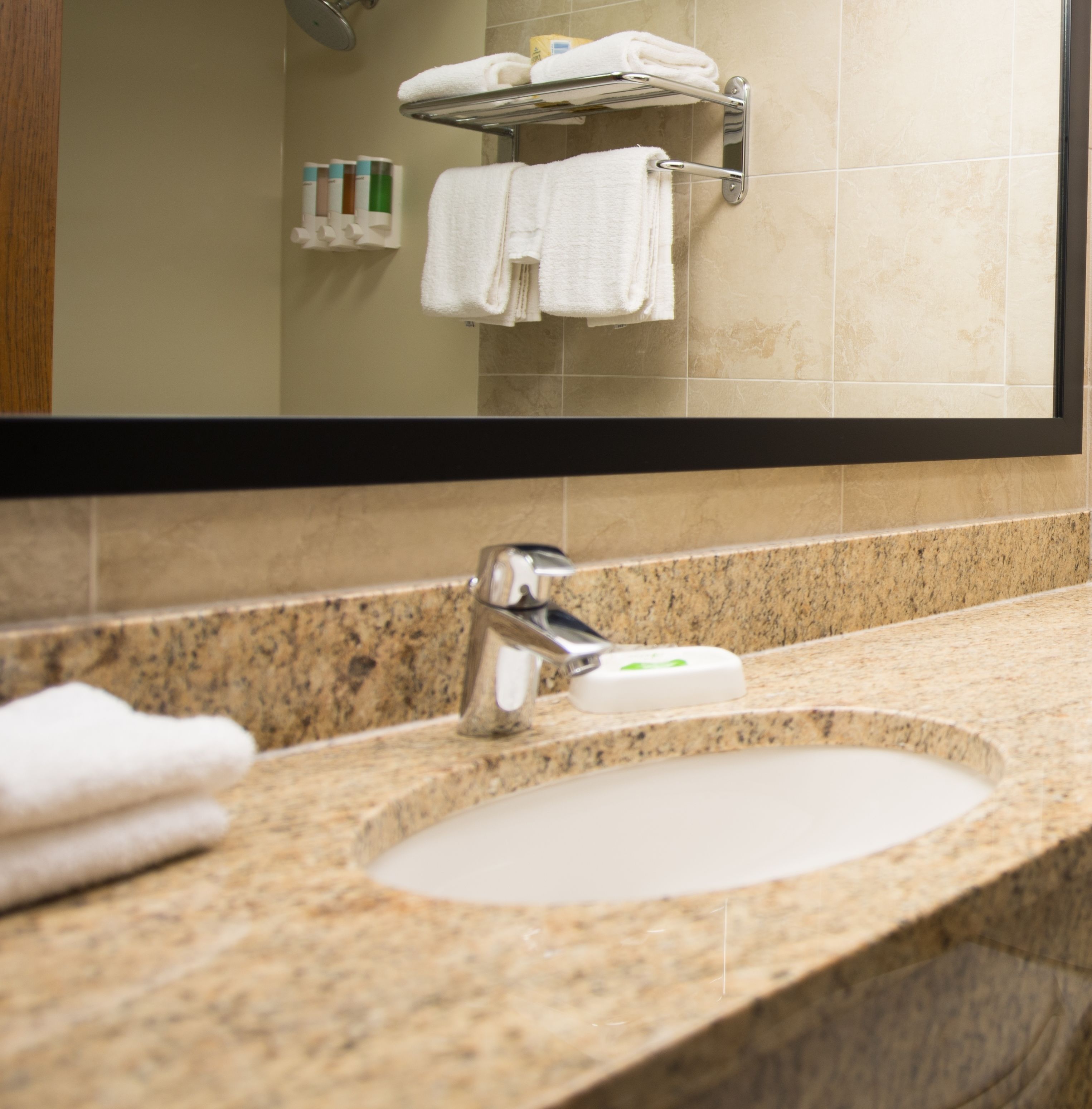 combined shower/bathtub, free toiletries, hair dryer, towels