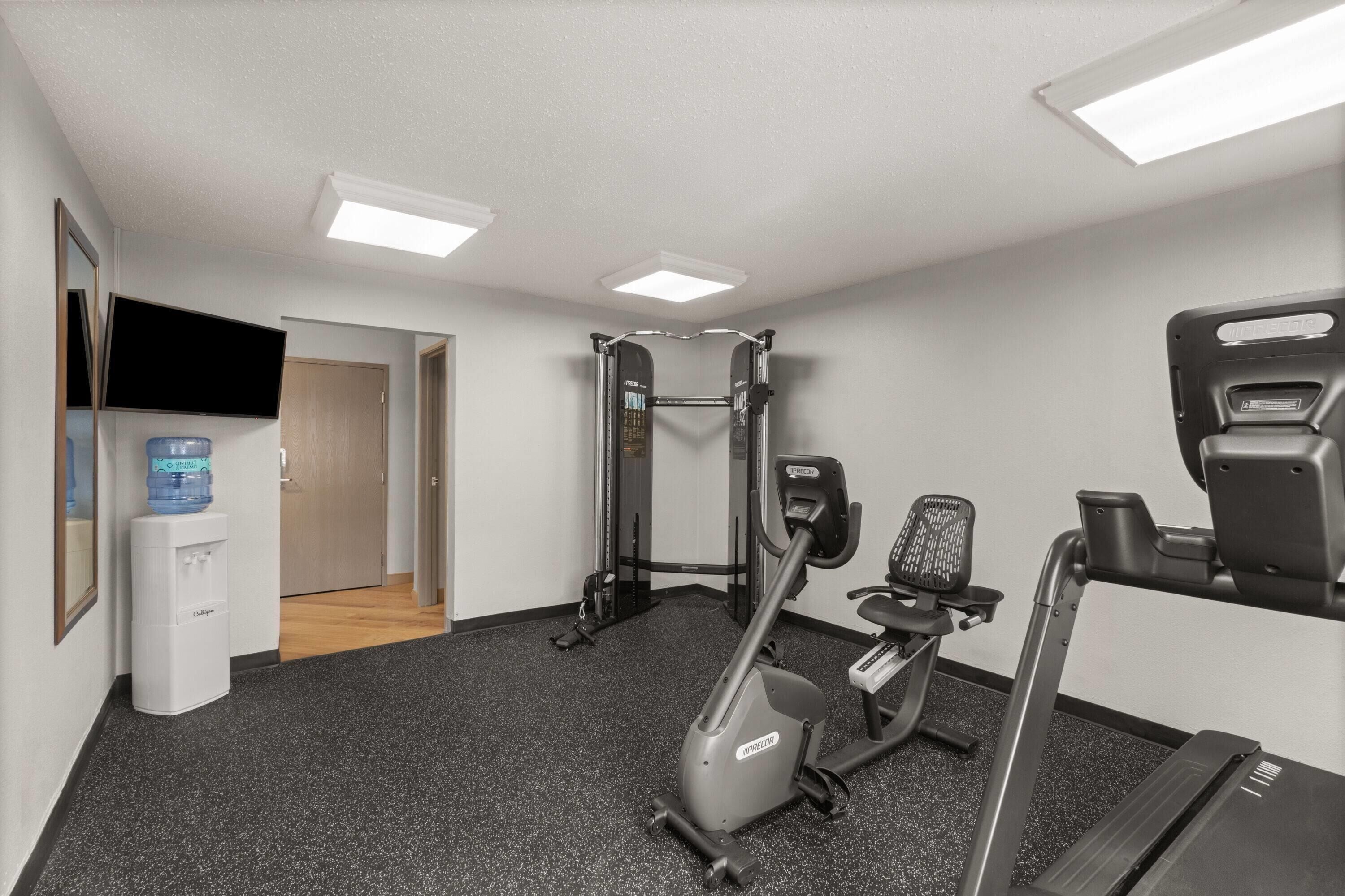 A gym with a stationary bike, a treadmill, and a squat rack.