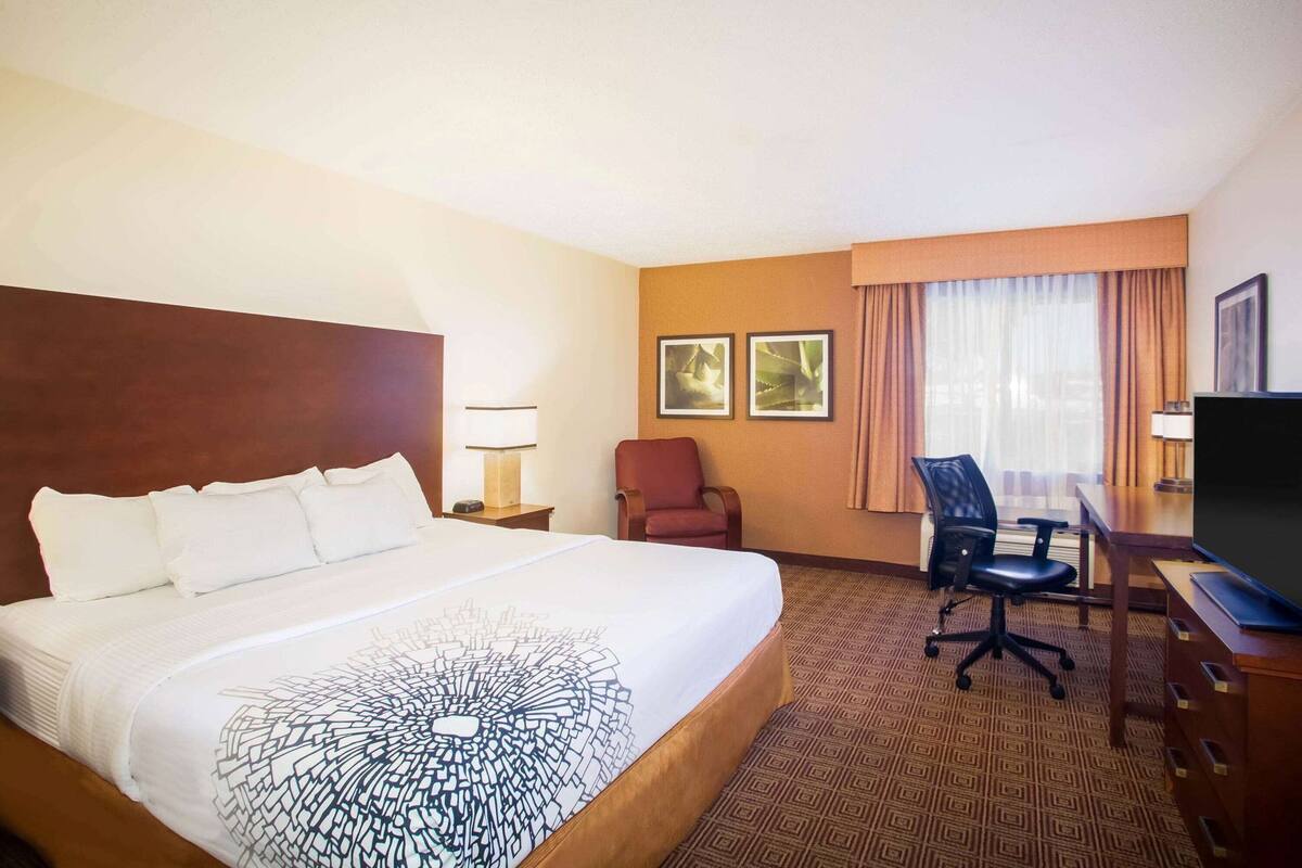Habitación de hotel con una cama grande, un escritorio con silla, un televisor y dos cuadros en la pared.
