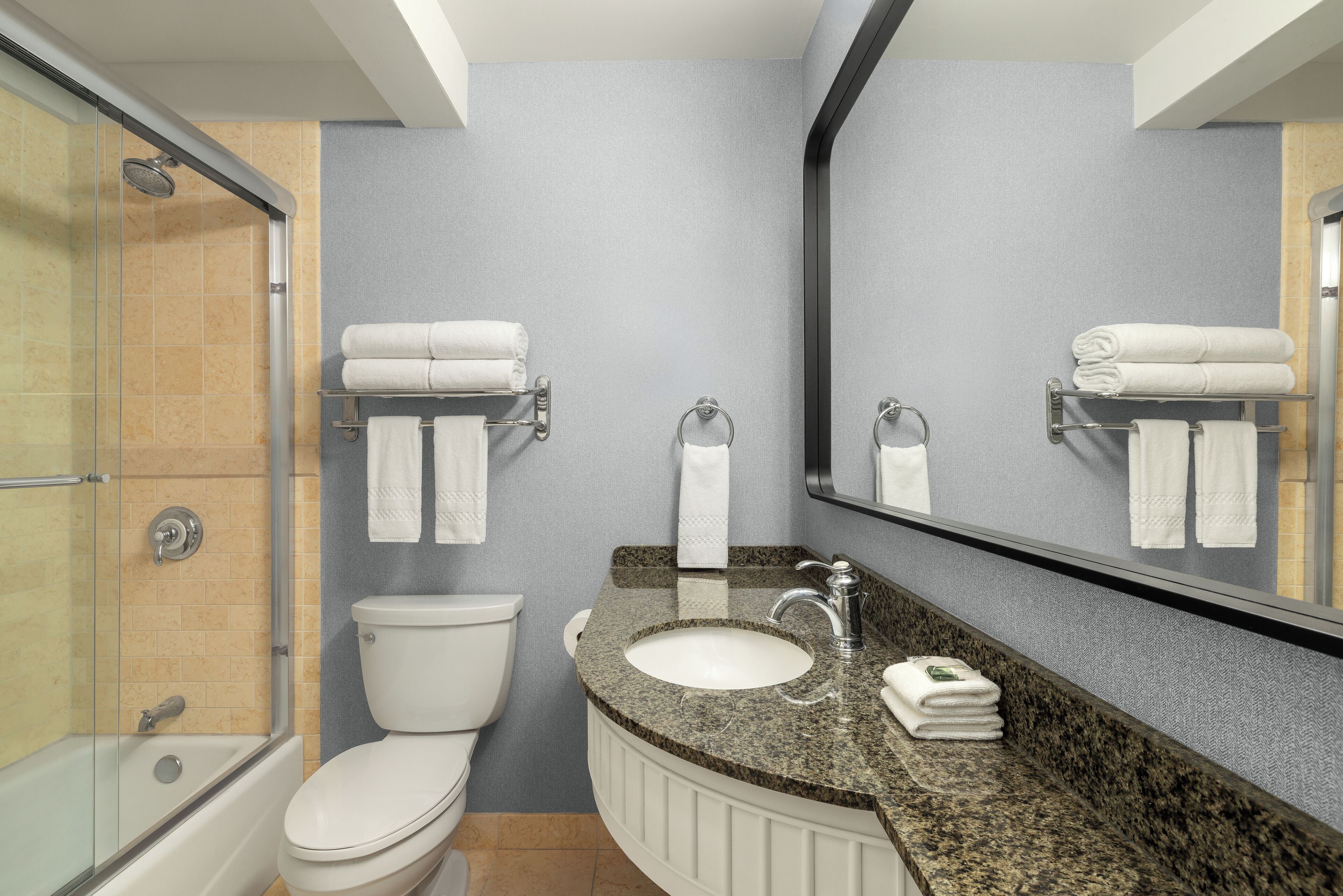 A bathroom with a toilet, sink, and shower.
