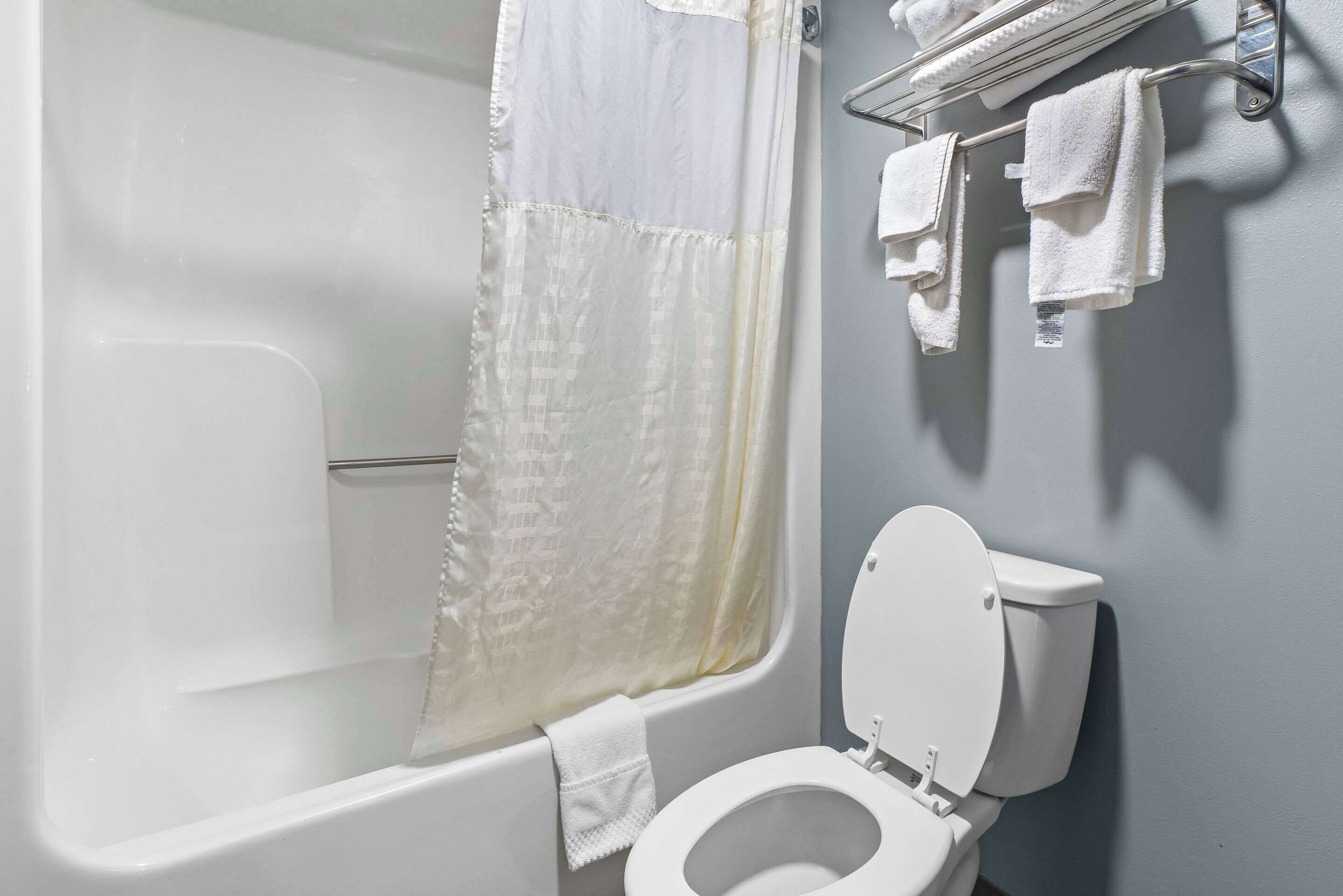 Une salle de bain avec une baignoire, un rideau de douche et des toilettes.