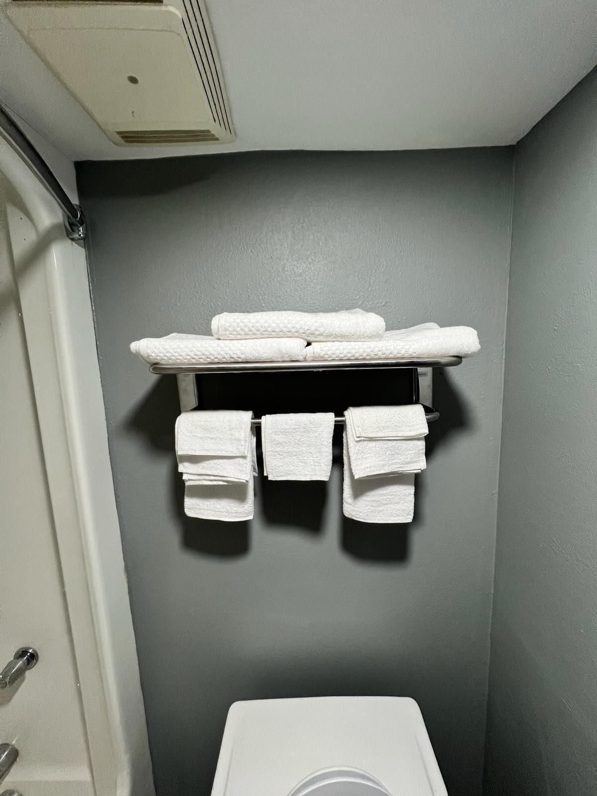 Kylpyhuone, jossa on harmaa seinä, valkoinen wc-istuin ja pyyheteline, jossa on siististi taiteltuja pyyhkeitä.