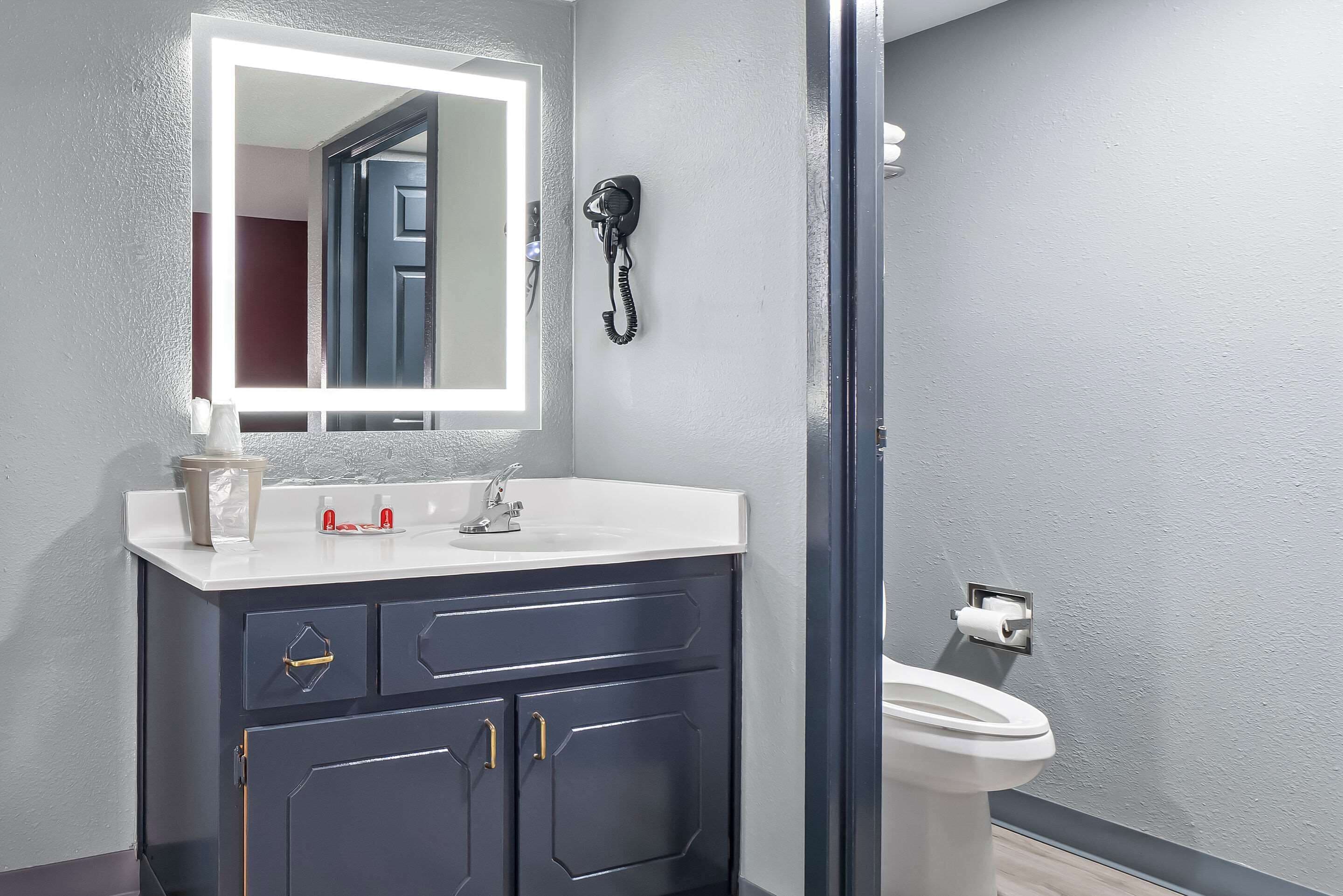 A bathroom with a white sink, dark cabinets, a mirror, a hairdryer, and a toilet.