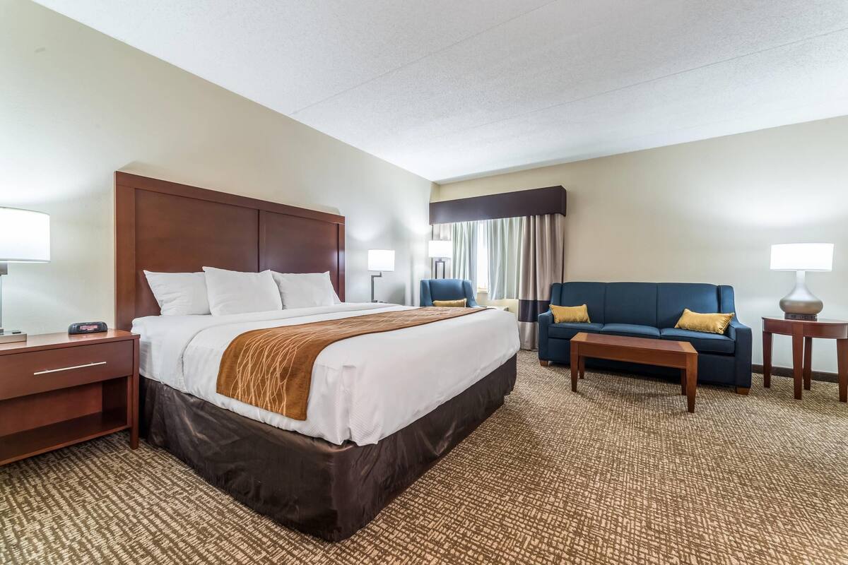 A hotel room with a large bed, a sofa, a desk, and a lamp.