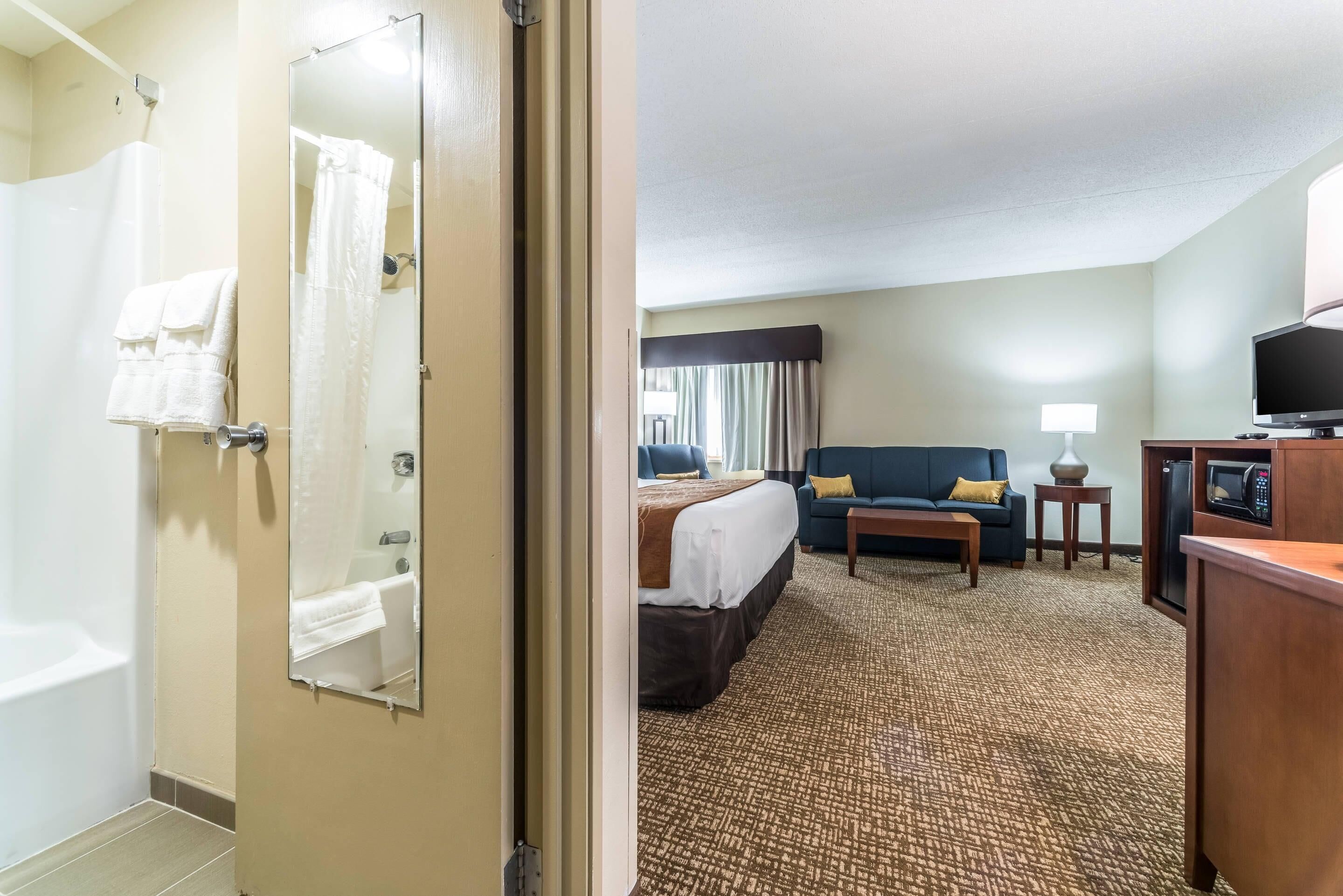 Una habitación de hotel con baño, una cama, un sofá, una mesita de café, un televisor y un microondas.