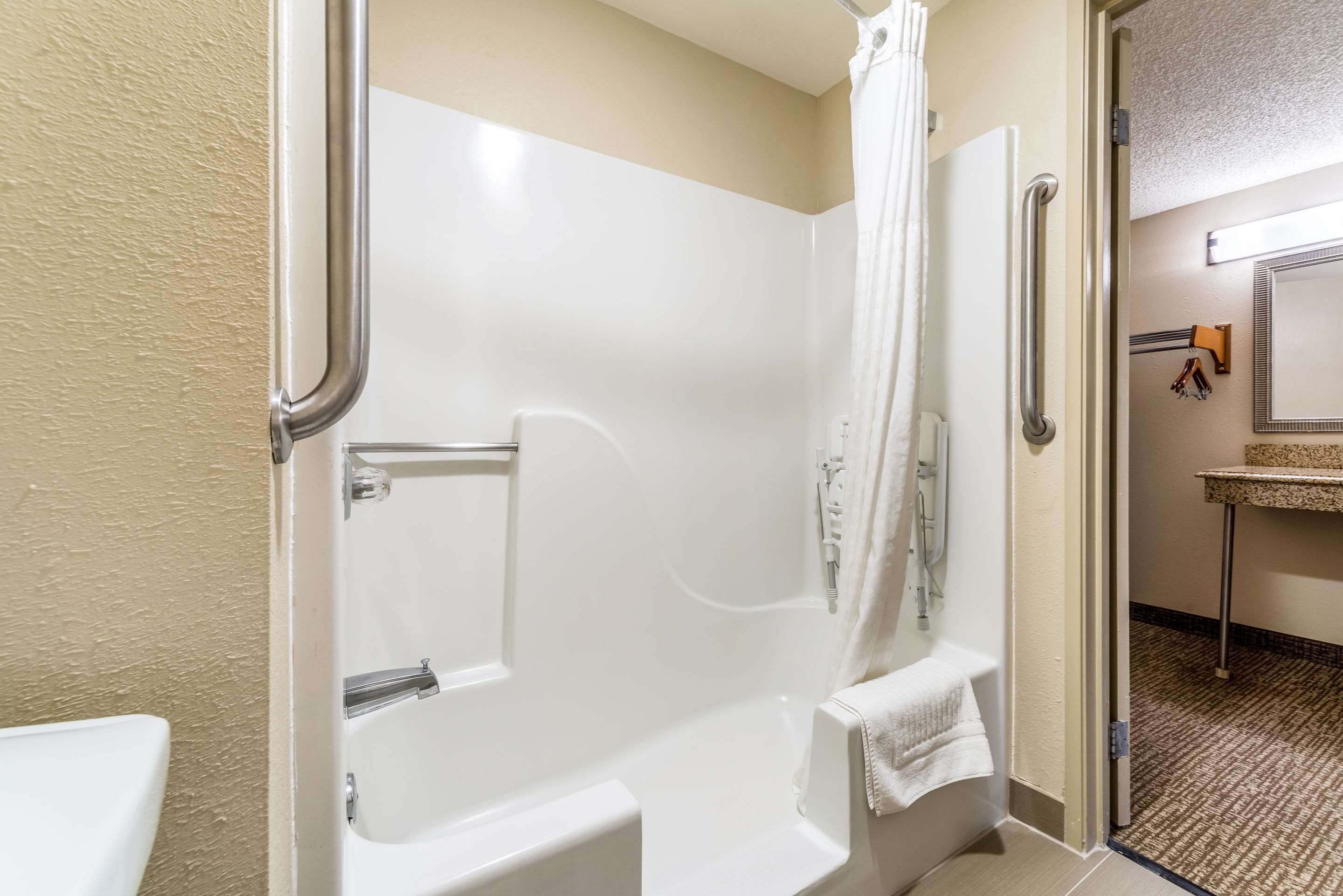 combined shower/bathtub, free toiletries, hair dryer, towels