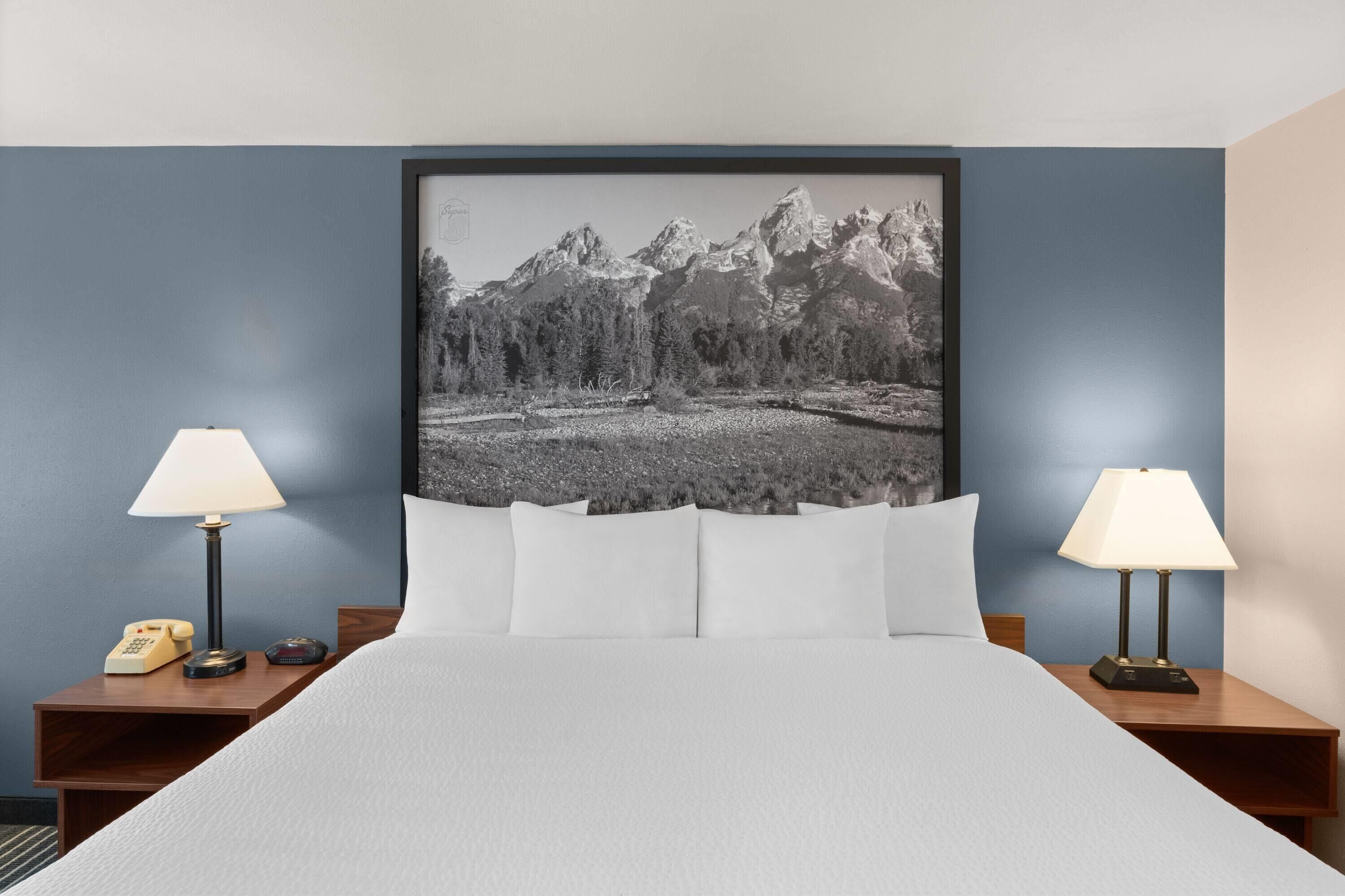 Une chambre d’hôtel avec un lit, deux lampes de chevet, un téléphone et un tableau représentant un paysage de montagne.
