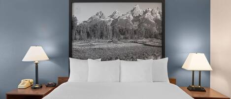 Habitación de hotel con una cama, dos lámparas de noche, un teléfono y un cuadro con un paisaje de montaña.
