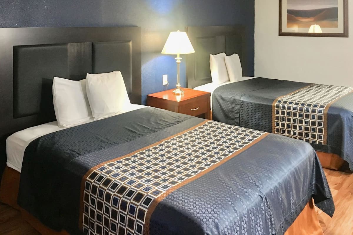 A hotel room with two beds, a nightstand, a lamp, and a framed picture on the wall.