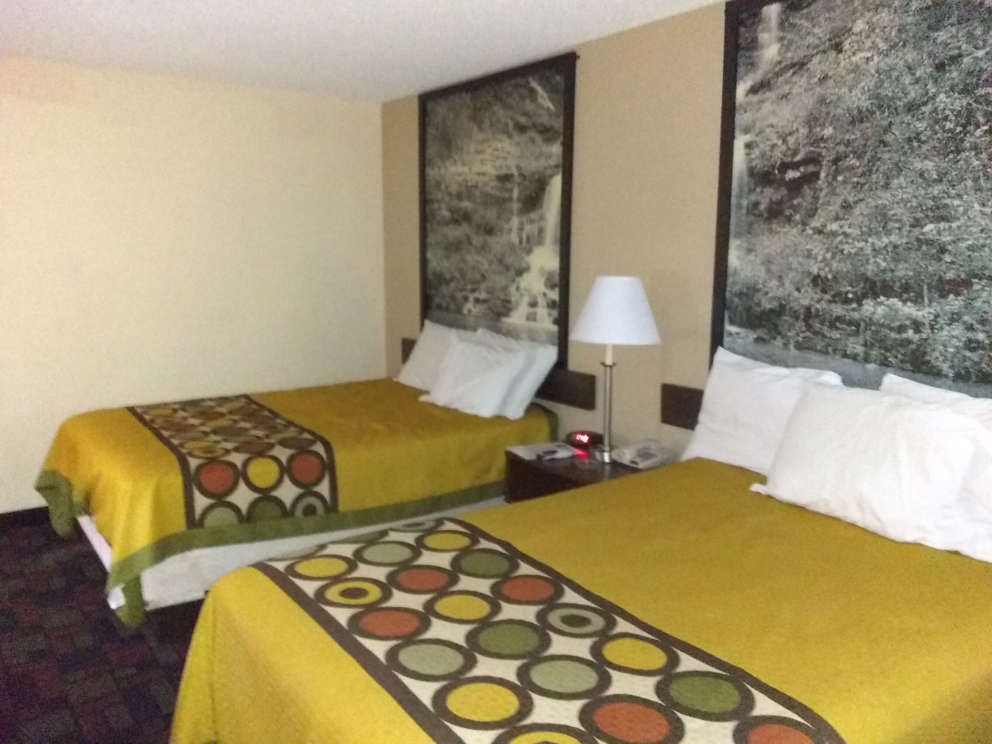 Habitación de hotel con dos camas, cada una con cubrecama amarillo que presenta un motivo circular. Hay una mesita de noche con una lámpara entre las camas, y una pared con un cuadro abstracto de gran formato.