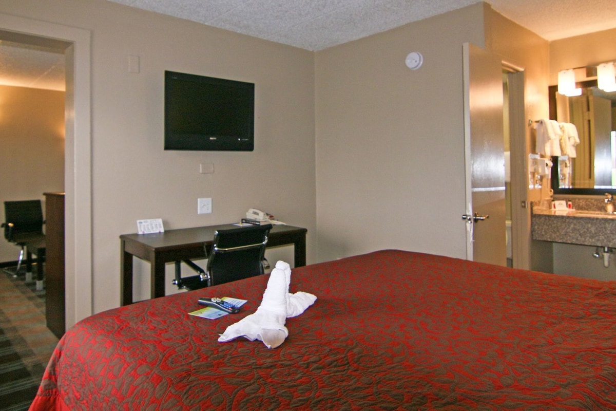 A hotel room with a bed, a desk, a chair, a television, a bathroom with a sink and mirror, and a door leading to another room.