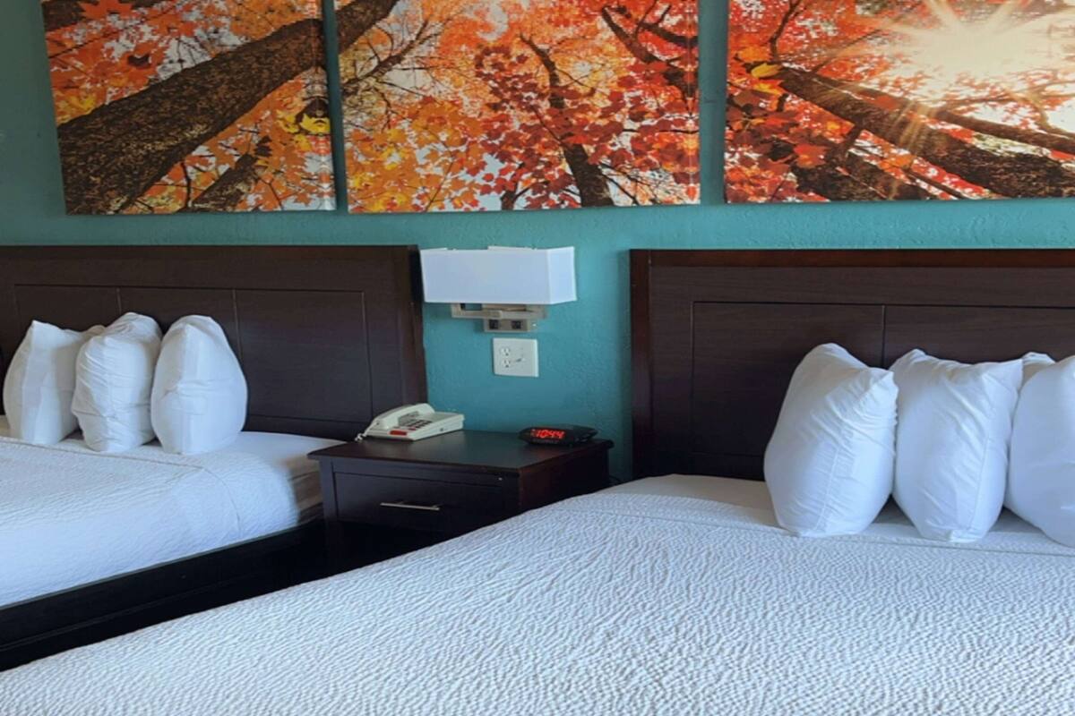 A hotel room with two beds, a nightstand with a phone and a clock, and a wall painting of autumn leaves.