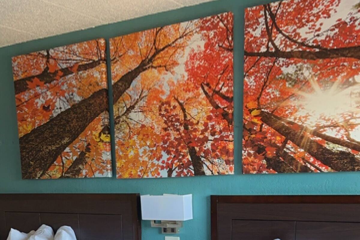 A hotel room with two beds, a nightstand with a phone and alarm clock, and a wall with autumn leaf paintings.