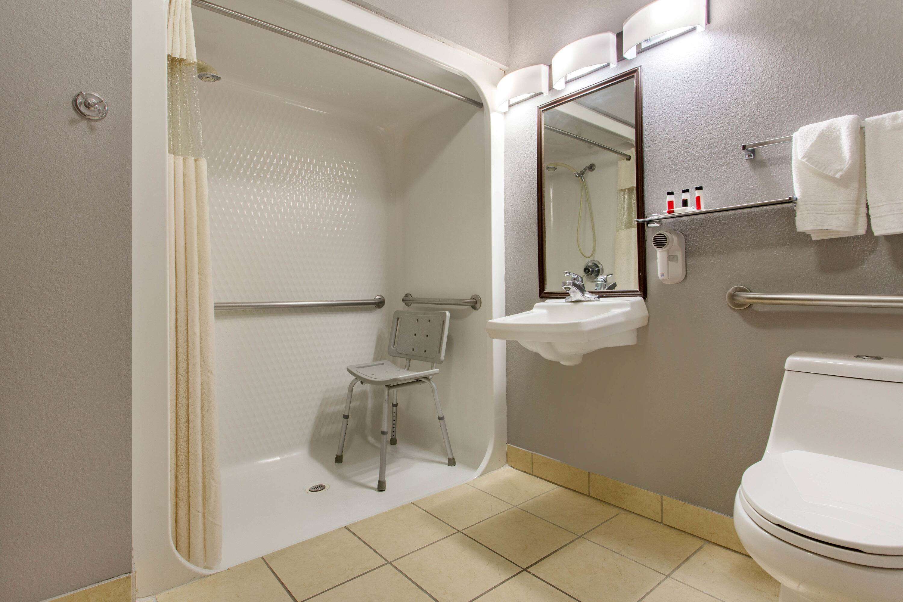 A bathroom with a shower, a sink, a toilet, and a mirror.