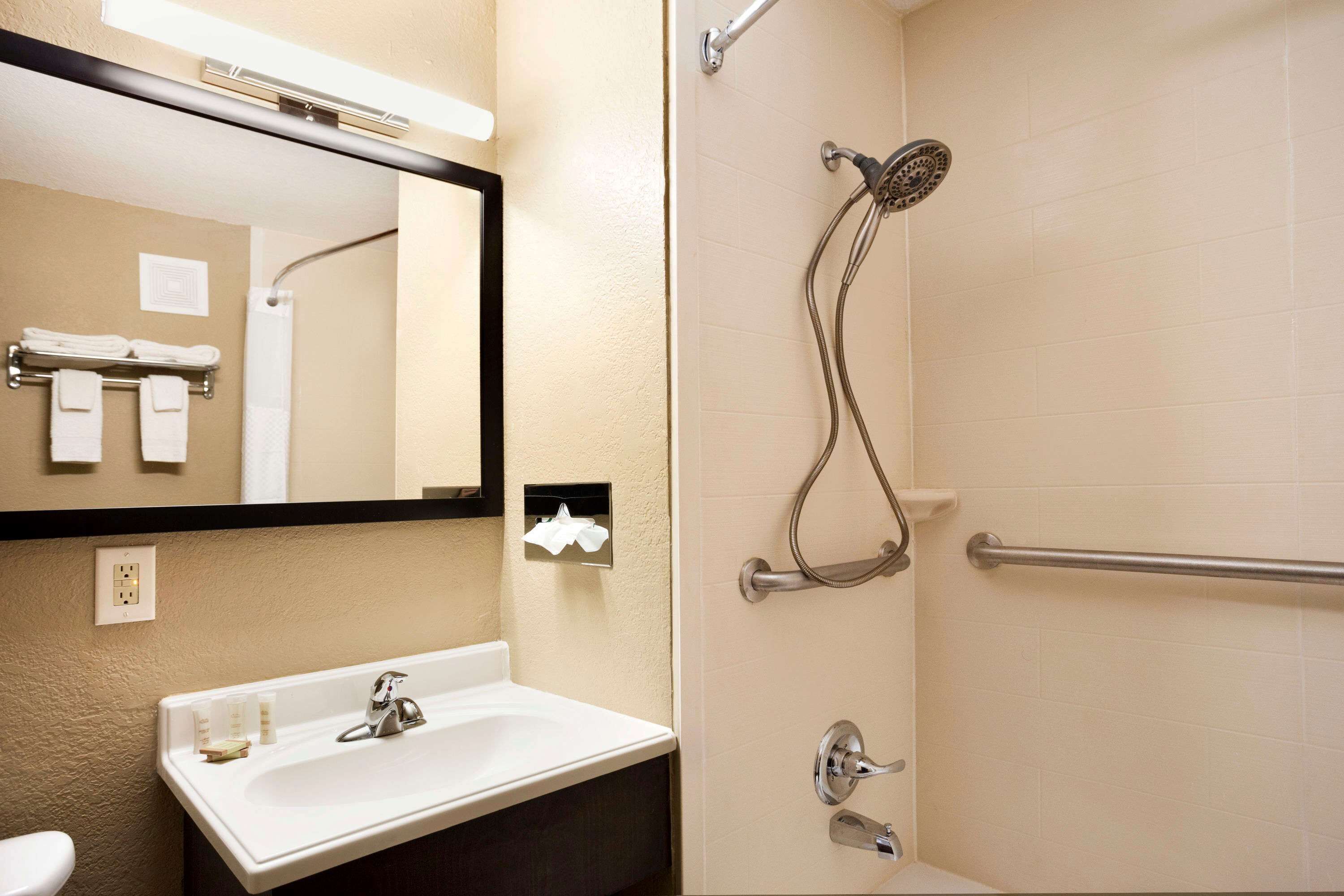 Une salle de bain équipée d’un lavabo, d’un miroir, d’un porte-serviettes et d’une douche avec une barre d’appui.