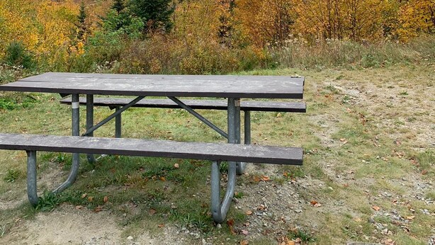A picnic table in a natural setting with mountains and autumn foliage in the background.