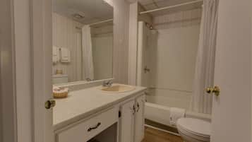 Combined shower/tub, hair dryer, towels