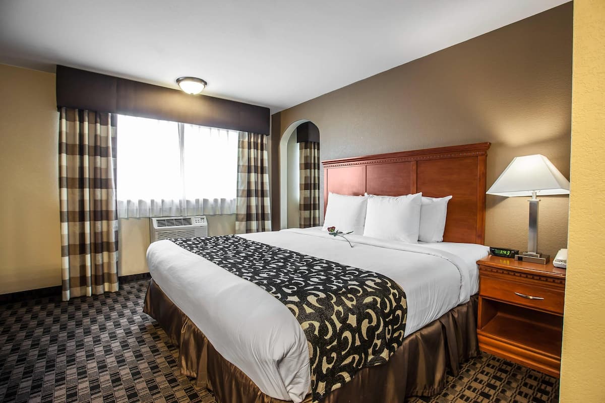 A hotel room with a large bed, a nightstand with a lamp, a window with curtains, and a wall-mounted air conditioning unit.