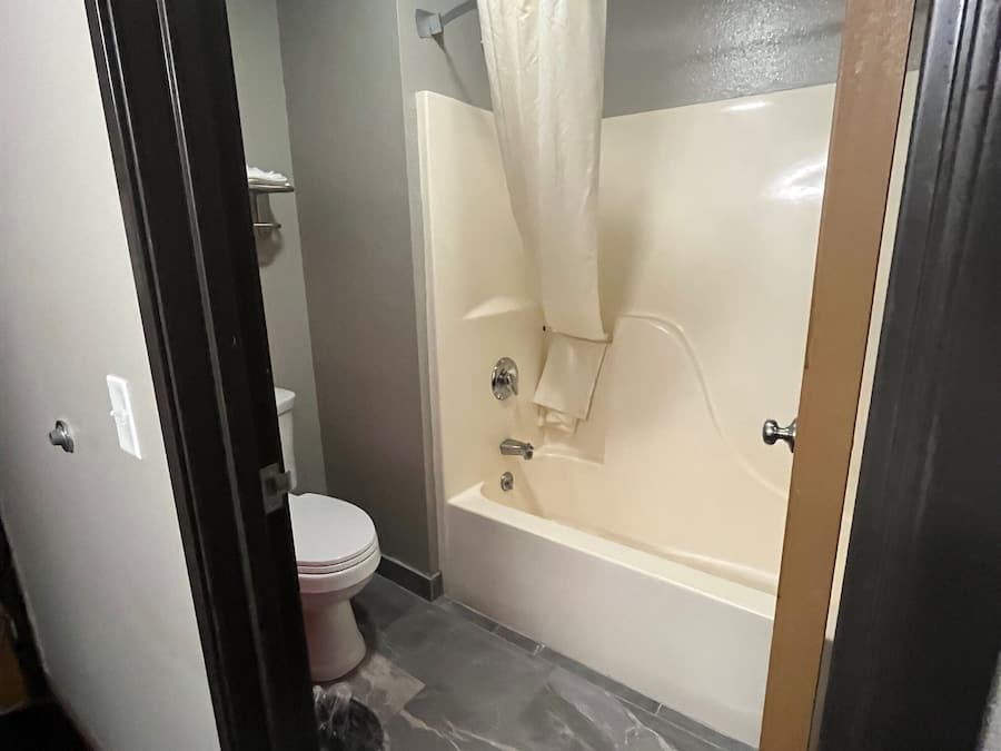 A bathroom with a toilet, a bathtub, and a shower curtain.