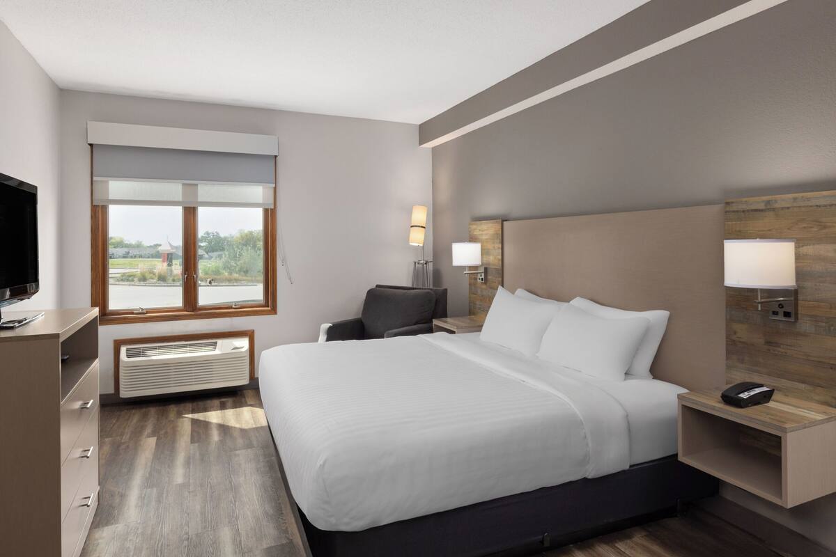 A modern hotel room with a large bed, a flat-screen TV, a desk, and a window with a view of greenery.