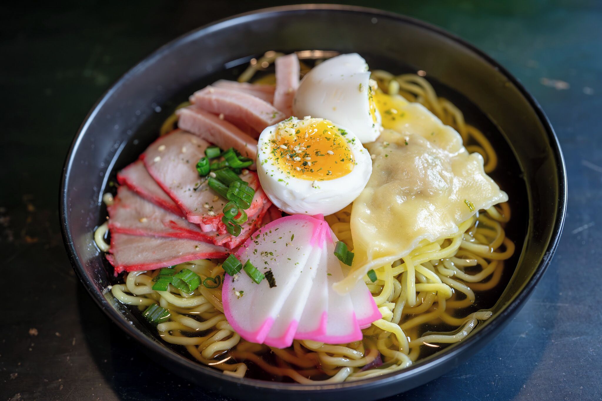 Una ciotola di ramen con diversi condimenti, tra cui ravanelli a fette, uovo sodo e cipollotto.